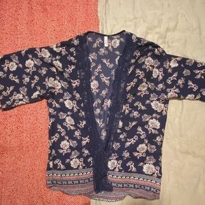 Navy blue and floral kimono